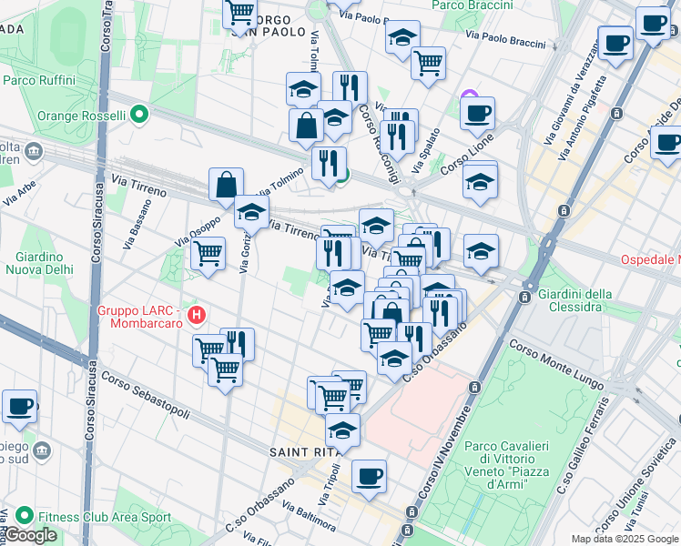 map of restaurants, bars, coffee shops, grocery stores, and more near 7 Via Gradisca in Torino