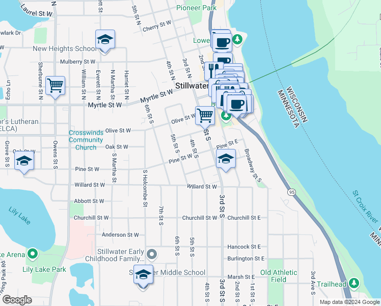 map of restaurants, bars, coffee shops, grocery stores, and more near 407 5th Street North in Stillwater