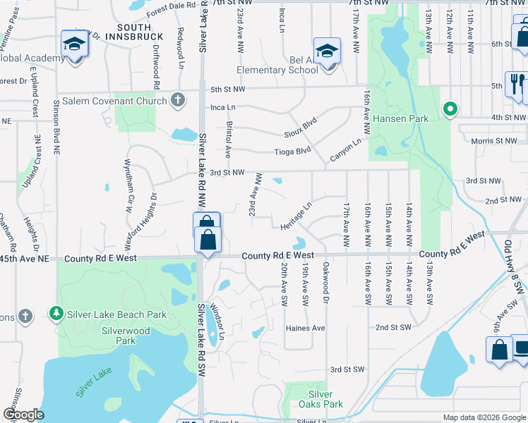 map of restaurants, bars, coffee shops, grocery stores, and more near 2239 Bicentennial Court in New Brighton