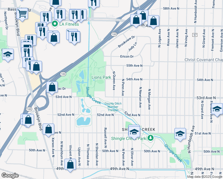 map of restaurants, bars, coffee shops, grocery stores, and more near 5340 North Queen Avenue in Brooklyn Center