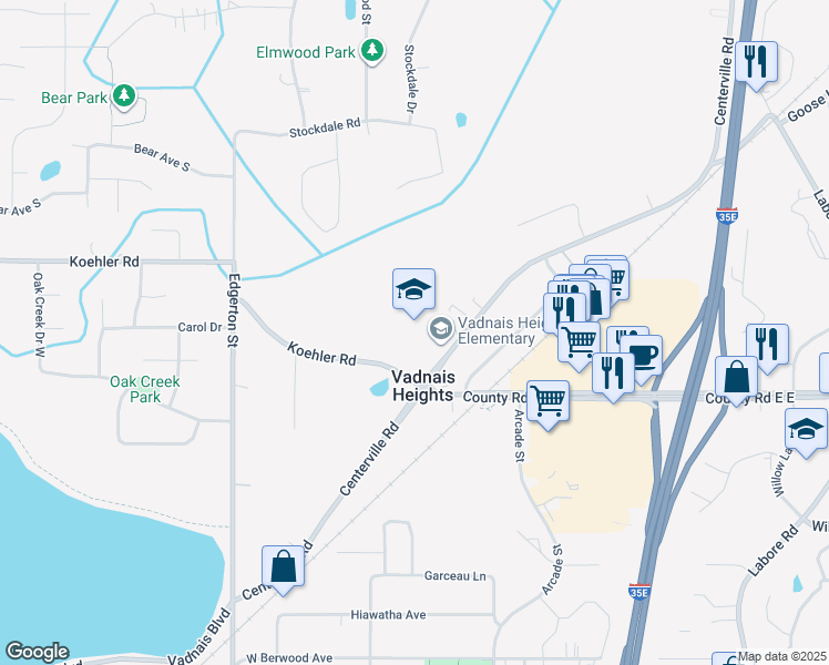 map of restaurants, bars, coffee shops, grocery stores, and more near 3645 Centerville Road in Vadnais Heights