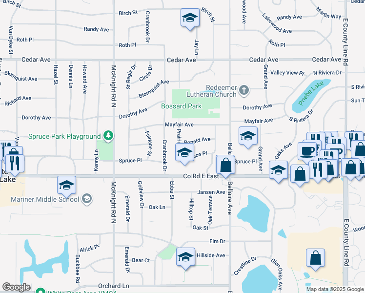 map of restaurants, bars, coffee shops, grocery stores, and more near 2415 Ronald Avenue in White Bear Lake