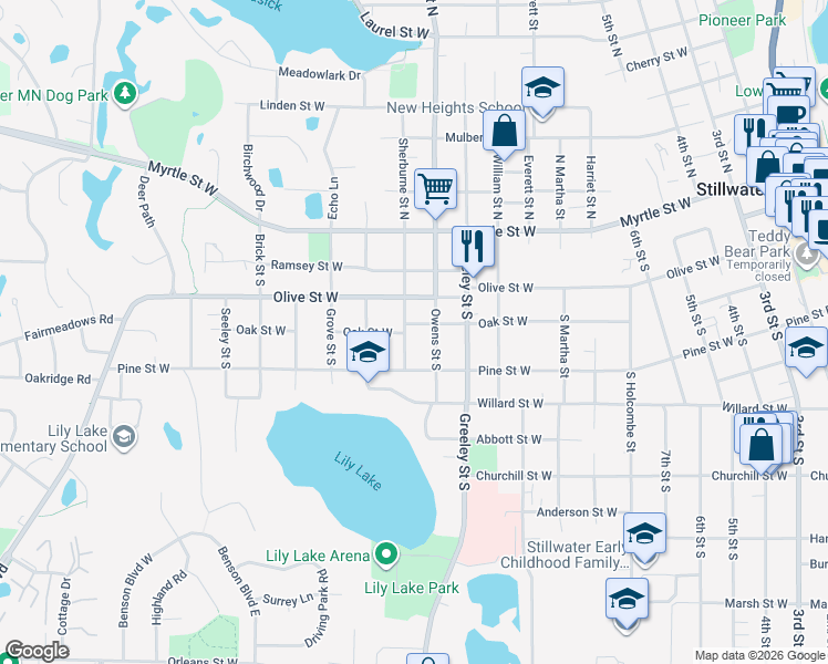 map of restaurants, bars, coffee shops, grocery stores, and more near 1118 Oak Street West in Stillwater