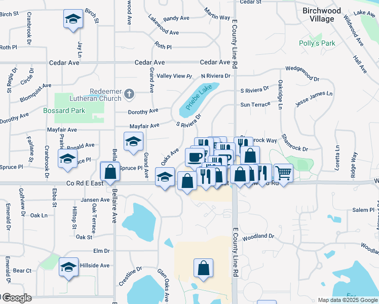 map of restaurants, bars, coffee shops, grocery stores, and more near 2669 Spruce Place in White Bear Lake