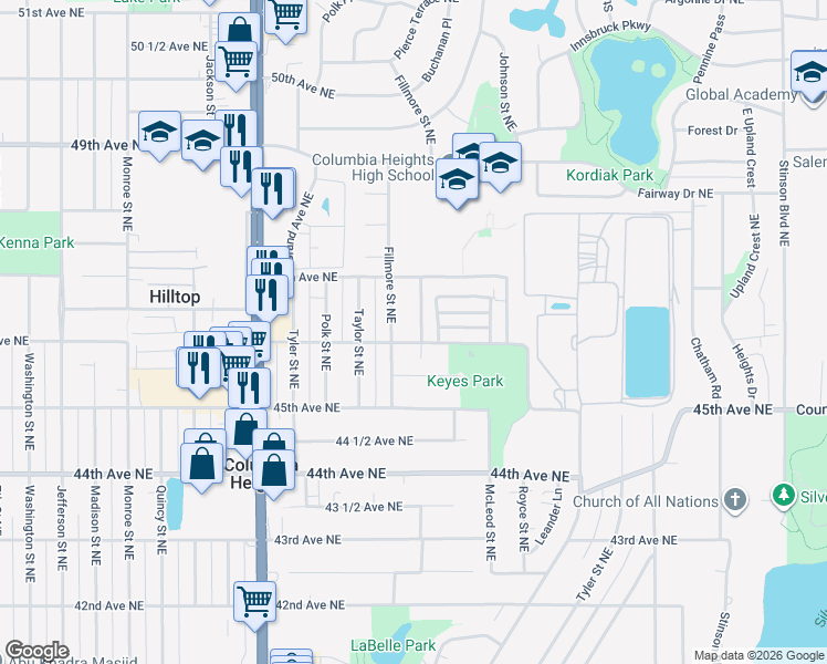 map of restaurants, bars, coffee shops, grocery stores, and more near 4620 Pierce Street Northeast in Columbia Heights