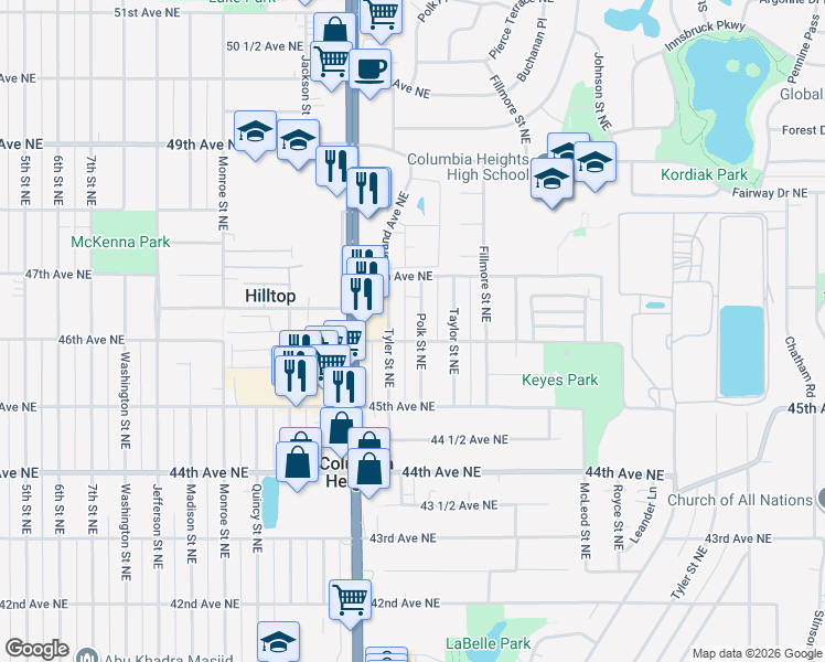 map of restaurants, bars, coffee shops, grocery stores, and more near 4629 Polk Street Northeast in Minneapolis