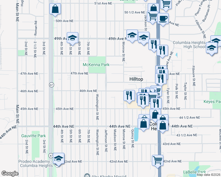 map of restaurants, bars, coffee shops, grocery stores, and more near 4619 Jefferson Street Northeast in Minneapolis