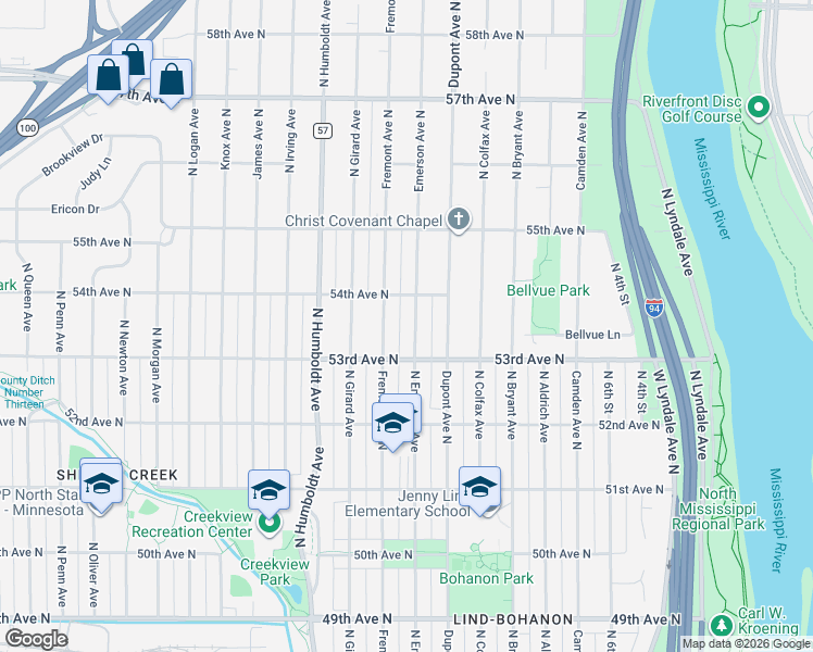 map of restaurants, bars, coffee shops, grocery stores, and more near 5351 North Emerson Avenue in Brooklyn Center