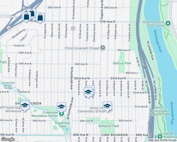map of restaurants, bars, coffee shops, grocery stores, and more near 5351 North Emerson Avenue in Brooklyn Center