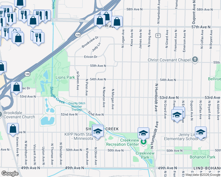 map of restaurants, bars, coffee shops, grocery stores, and more near 5341 North Morgan Avenue in Minneapolis