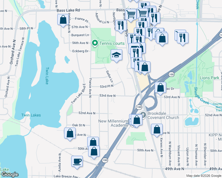map of restaurants, bars, coffee shops, grocery stores, and more near 5337 Sailor Lane in Brooklyn Center