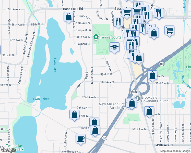 map of restaurants, bars, coffee shops, grocery stores, and more near 3700 53rd Place North in Minneapolis