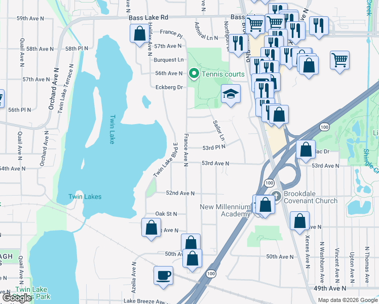 map of restaurants, bars, coffee shops, grocery stores, and more near 5325 France Avenue North in Minneapolis