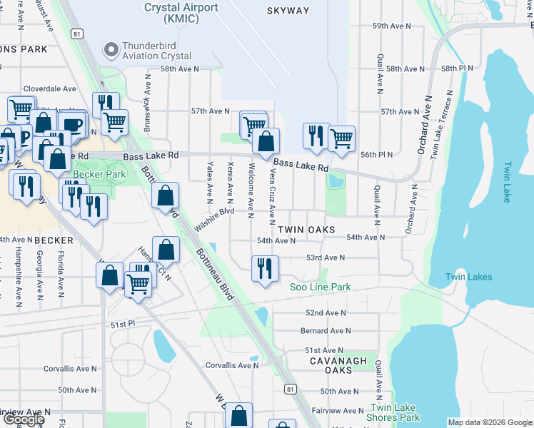 map of restaurants, bars, coffee shops, grocery stores, and more near 5500 Welcome Avenue North in Minneapolis