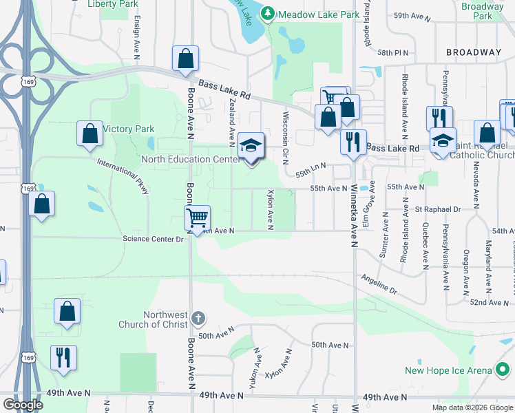 map of restaurants, bars, coffee shops, grocery stores, and more near 5431 Yukon Avenue North in Minneapolis