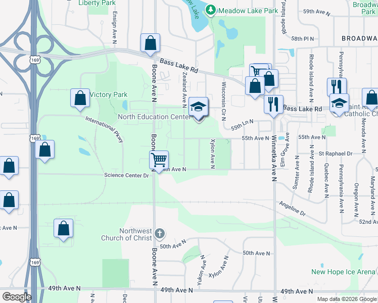 map of restaurants, bars, coffee shops, grocery stores, and more near 5431 Yukon Avenue North in Minneapolis