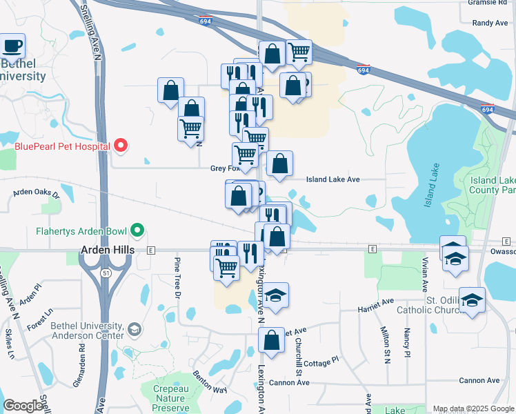 map of restaurants, bars, coffee shops, grocery stores, and more near 3673 Lexington Avenue North in Arden Hills