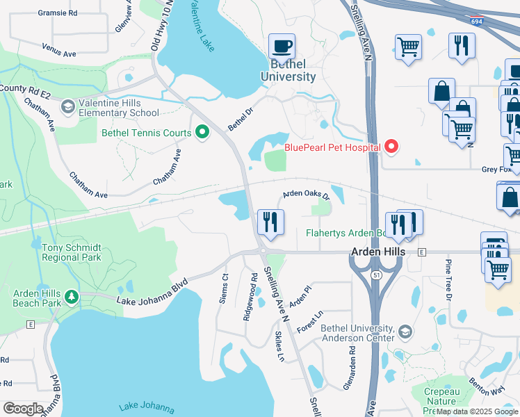 map of restaurants, bars, coffee shops, grocery stores, and more near 1473 Arden Oaks Drive in Arden Hills
