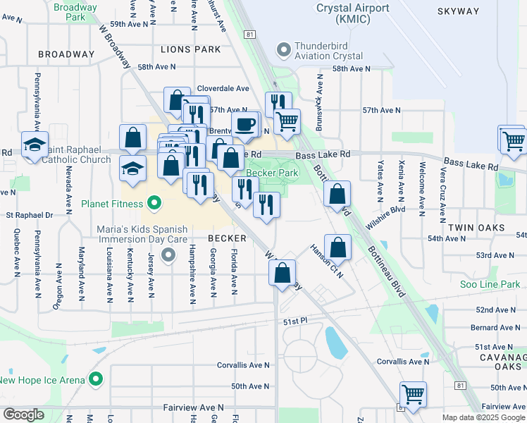 map of restaurants, bars, coffee shops, grocery stores, and more near 6315 55th Avenue North in Minneapolis