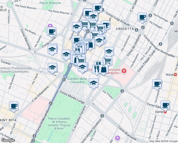 map of restaurants, bars, coffee shops, grocery stores, and more near 74 Corso Carlo e Nello Rosselli in Torino