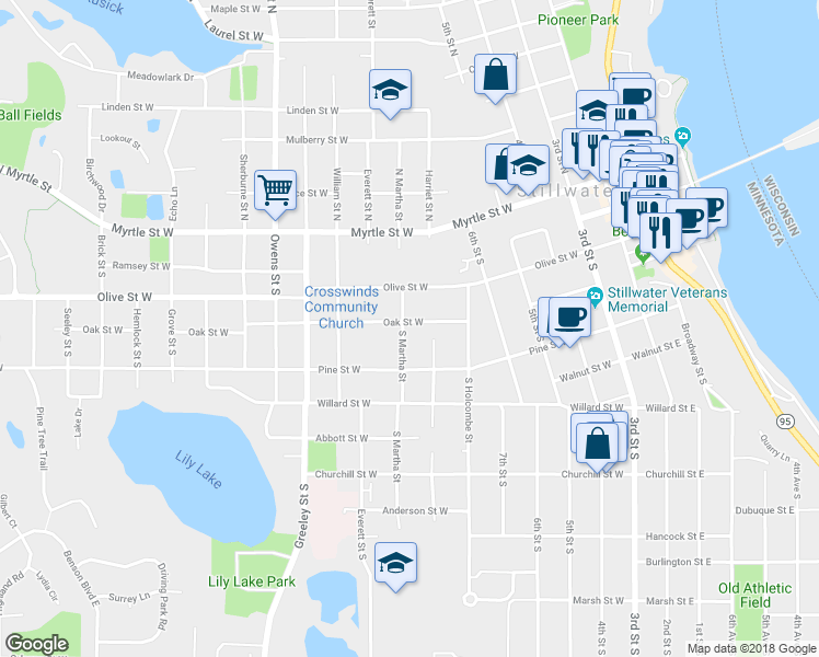 map of restaurants, bars, coffee shops, grocery stores, and more near 623 Oak Street West in Stillwater