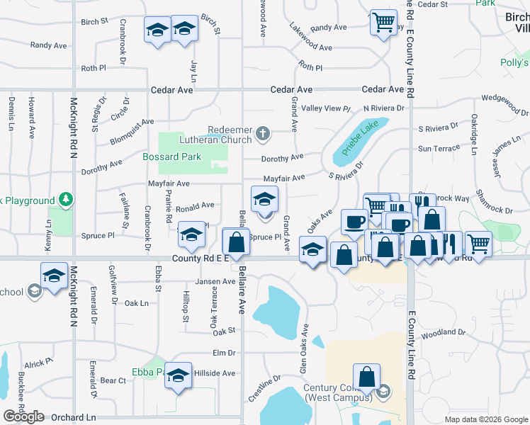 map of restaurants, bars, coffee shops, grocery stores, and more near 2530 Spruce Place in White Bear Lake