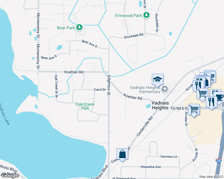 map of restaurants, bars, coffee shops, grocery stores, and more near 3662 Edgerton Street in Vadnais Heights