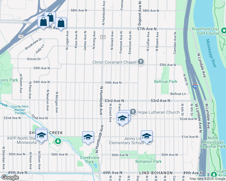 map of restaurants, bars, coffee shops, grocery stores, and more near 5339 Fremont Avenue North in Minneapolis