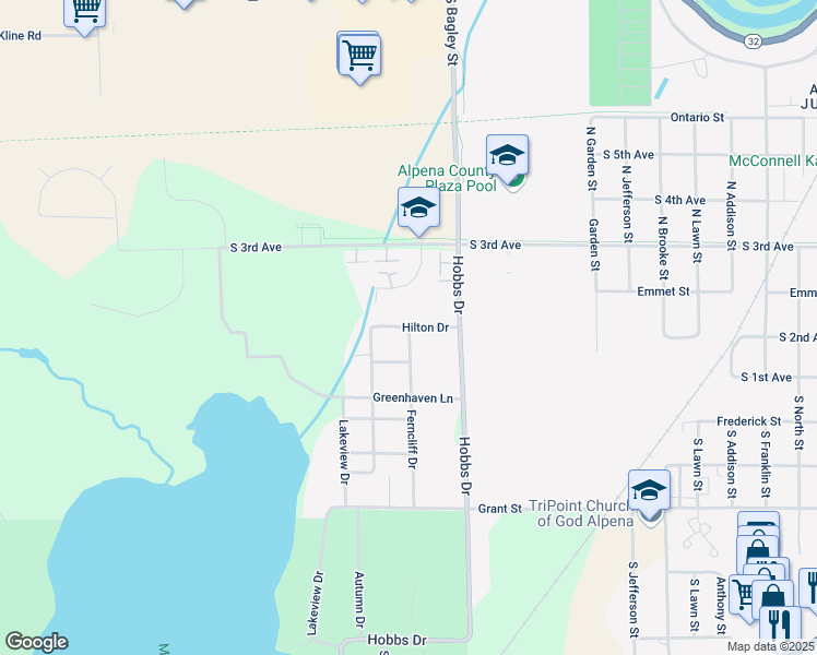 map of restaurants, bars, coffee shops, grocery stores, and more near 1064 Hilton Drive in Alpena