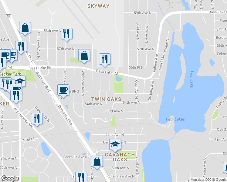 map of restaurants, bars, coffee shops, grocery stores, and more near 5299 Lilac Drive North in Crystal