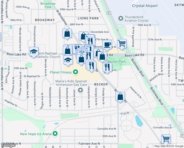 map of restaurants, bars, coffee shops, grocery stores, and more near 5537 West Broadway Avenue in Crystal