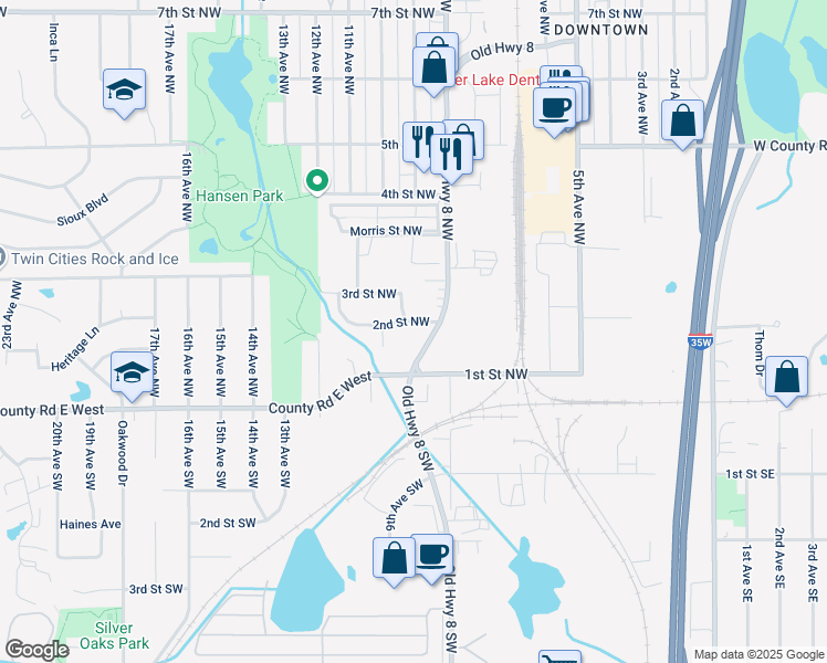 map of restaurants, bars, coffee shops, grocery stores, and more near 889 2nd Street Northwest in New Brighton