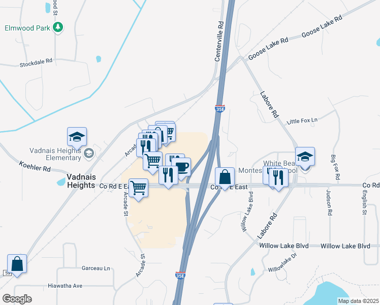map of restaurants, bars, coffee shops, grocery stores, and more near 975 County Road E East in Vadnais Heights