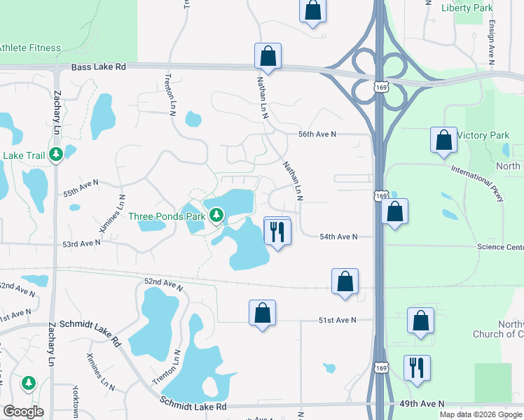 map of restaurants, bars, coffee shops, grocery stores, and more near 5425 Orleans Lane North in Plymouth