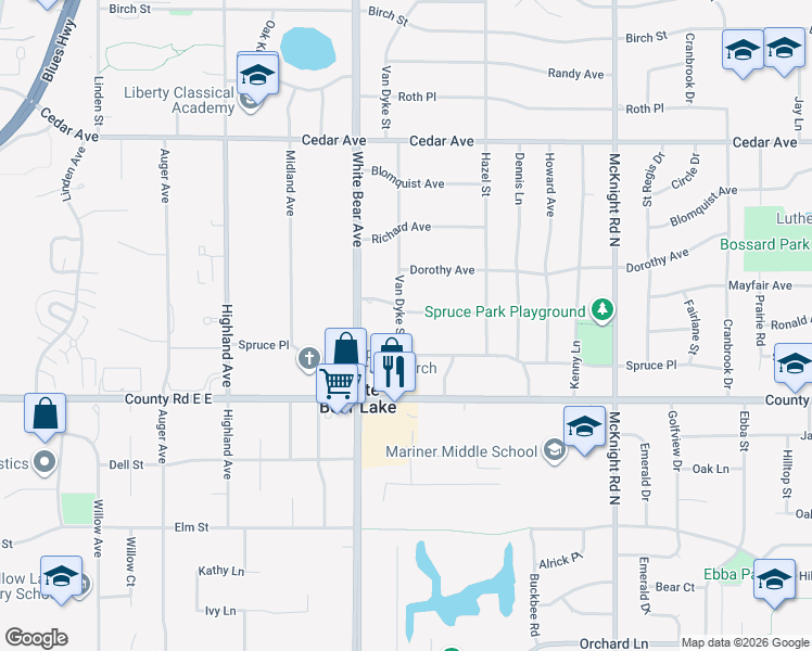 map of restaurants, bars, coffee shops, grocery stores, and more near 3668 Van Dyke Street in White Bear Lake