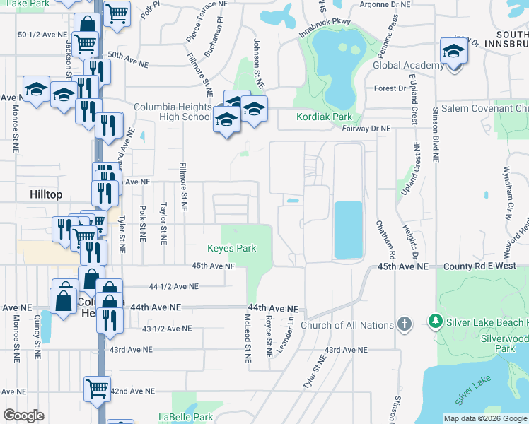 map of restaurants, bars, coffee shops, grocery stores, and more near 4621 Johnson Street Northeast in Minneapolis