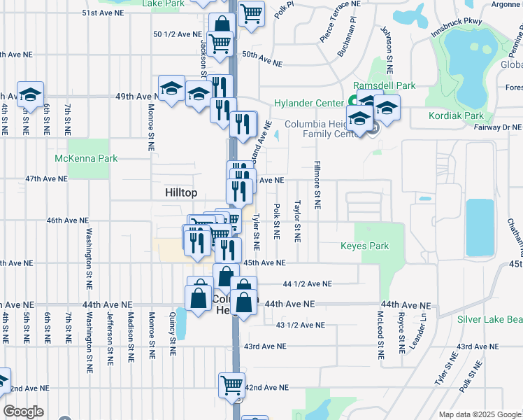 map of restaurants, bars, coffee shops, grocery stores, and more near 4619 Tyler Street Northeast in Minneapolis
