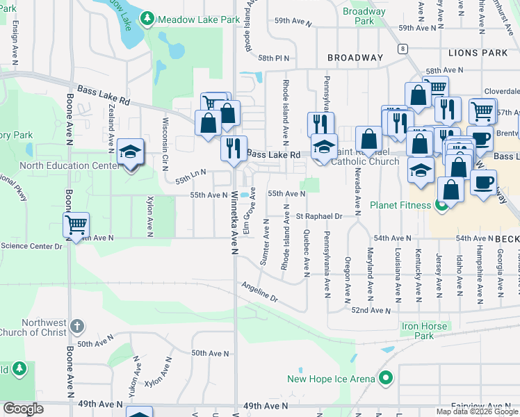 map of restaurants, bars, coffee shops, grocery stores, and more near 7820 Elm Grove Lane in Minneapolis
