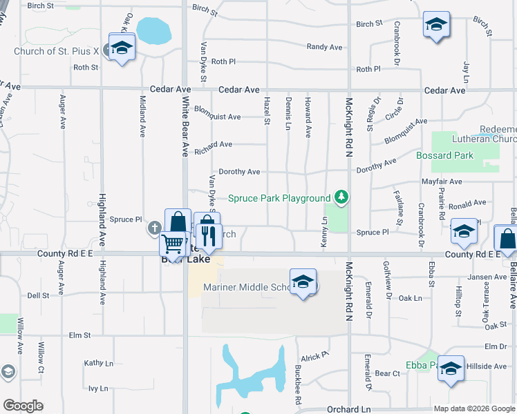 map of restaurants, bars, coffee shops, grocery stores, and more near 2134 Ronald Avenue in White Bear Lake