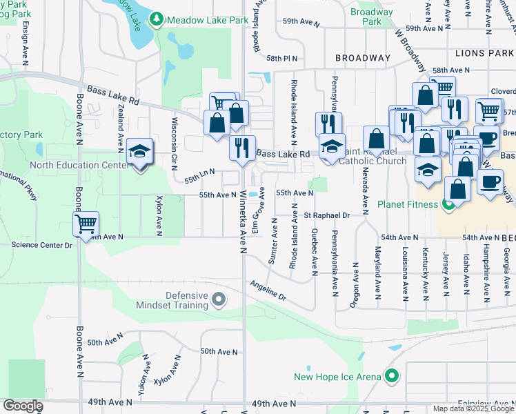 map of restaurants, bars, coffee shops, grocery stores, and more near 7821 Elm Grove Lane in Minneapolis
