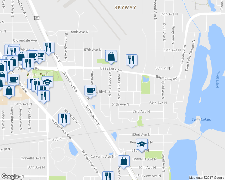 map of restaurants, bars, coffee shops, grocery stores, and more near 5500 Welcome Avenue North in Minneapolis