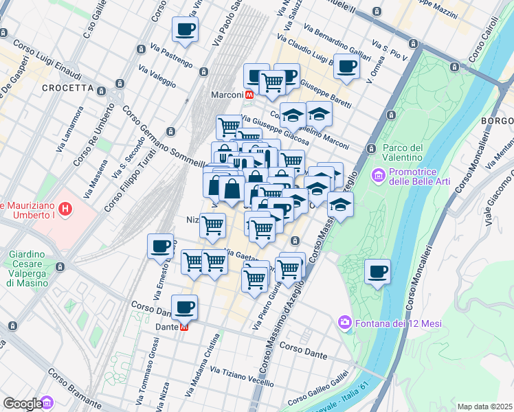 map of restaurants, bars, coffee shops, grocery stores, and more near 59-67 Via Saluzzo in Torino