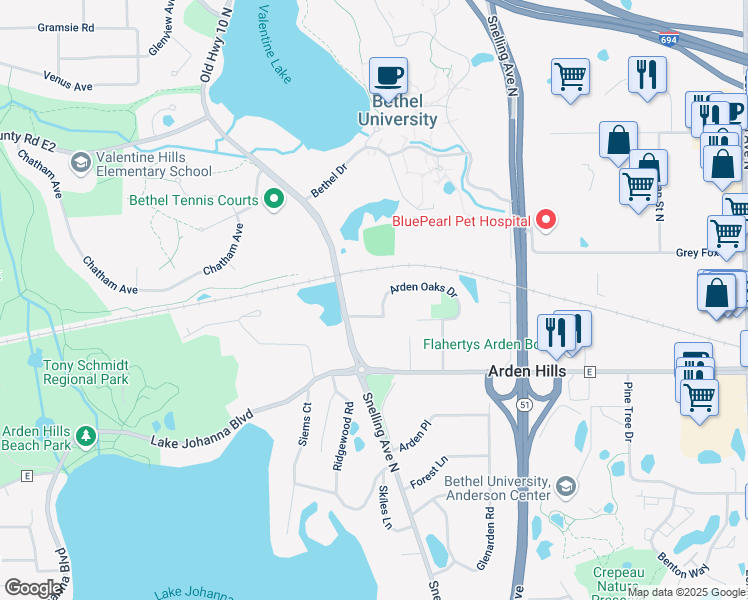 map of restaurants, bars, coffee shops, grocery stores, and more near 1473 Arden Oaks Drive in Arden Hills