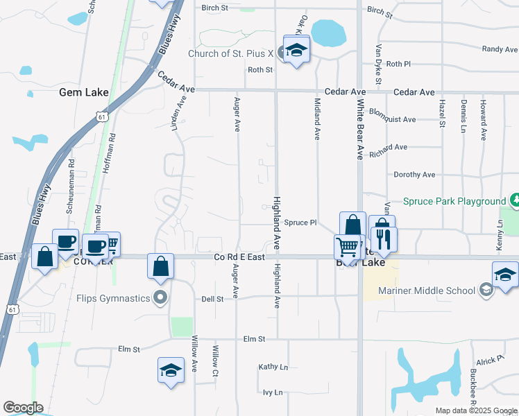 map of restaurants, bars, coffee shops, grocery stores, and more near 3675 Highland Avenue in White Bear Lake