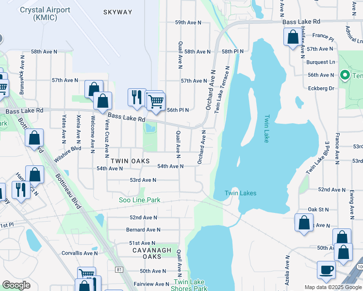 map of restaurants, bars, coffee shops, grocery stores, and more near 5510 Quail Avenue North in Minneapolis