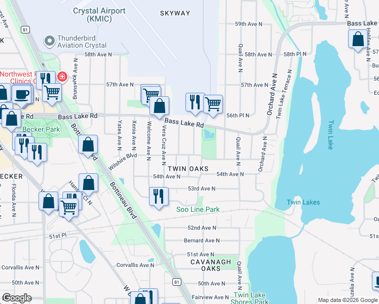 map of restaurants, bars, coffee shops, grocery stores, and more near 5501 Toledo Avenue North in Minneapolis