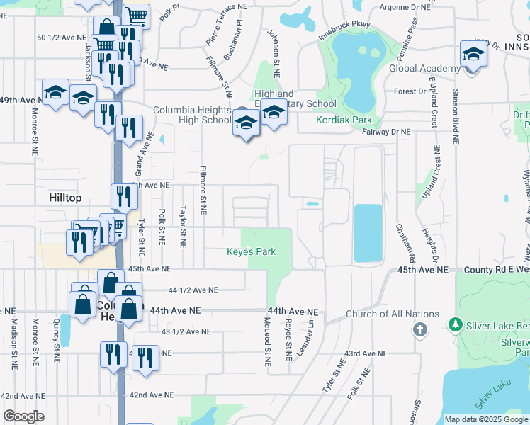 map of restaurants, bars, coffee shops, grocery stores, and more near 1448 Parkview Lane Northeast in Minneapolis