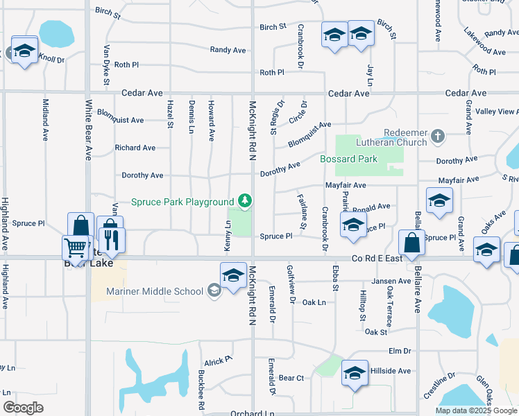 map of restaurants, bars, coffee shops, grocery stores, and more near 3674 McKnight Road North in White Bear Lake