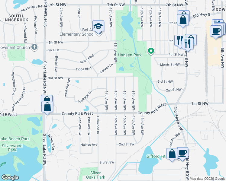 map of restaurants, bars, coffee shops, grocery stores, and more near 220 16th Ave NW in New Brighton