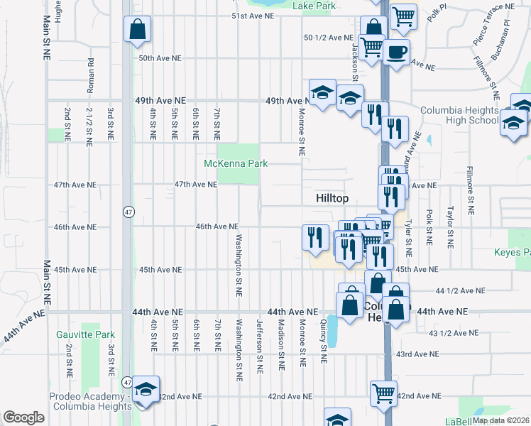 map of restaurants, bars, coffee shops, grocery stores, and more near 4619 Jefferson Street Northeast in Minneapolis